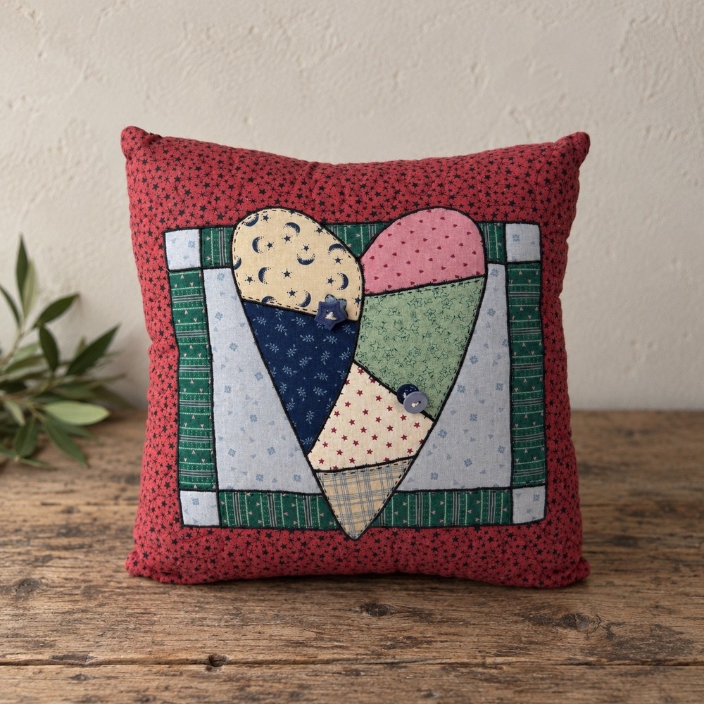 Vintage Farmhouse Rustic Red Americana Patchwork Heart Throw Pillow 12x12